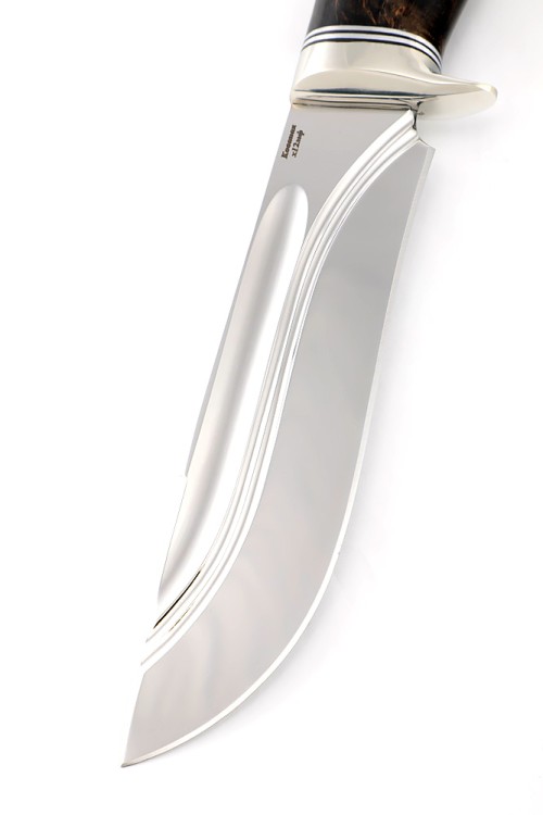 Нож Вятич сталь кованая Х12МФ- долы, рукоять мельхиор карельская береза коричневая 