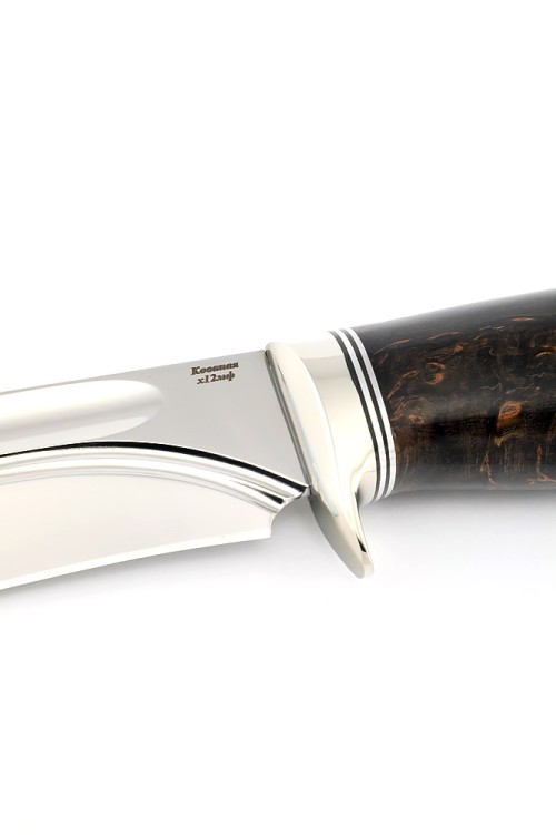 Нож Вятич сталь кованая Х12МФ- долы, рукоять мельхиор карельская береза коричневая 