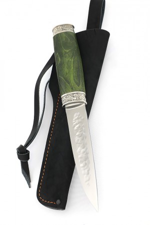 Нож Якут №2 сталь Х12МФ кованый дол рукоять мельхиор карельская береза зеленая