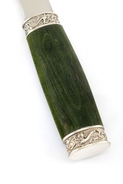 Нож Северный №2 сталь Х12МФ кованый дол рукоять мельхиор карельская береза зеленая 