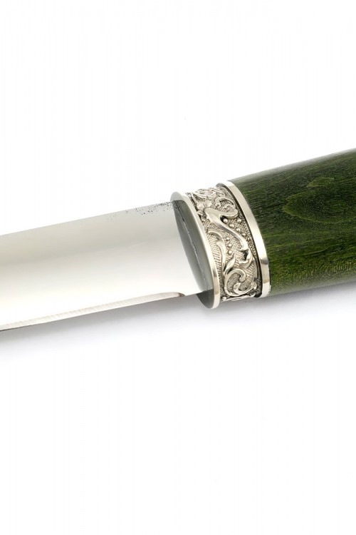 Нож Северный №2 сталь Х12МФ кованый дол рукоять мельхиор карельская береза зеленая 