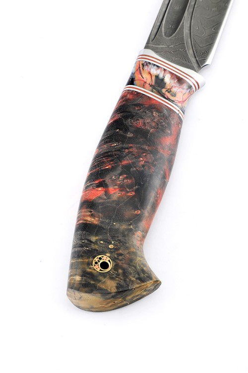 Нож Берсерк дамаск-долы рукоять вставка зуб мамонта кап клена красно-черный 