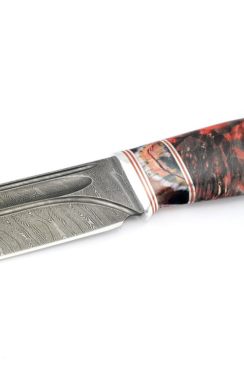 Нож Берсерк дамаск-долы рукоять вставка зуб мамонта кап клена красно-черный 