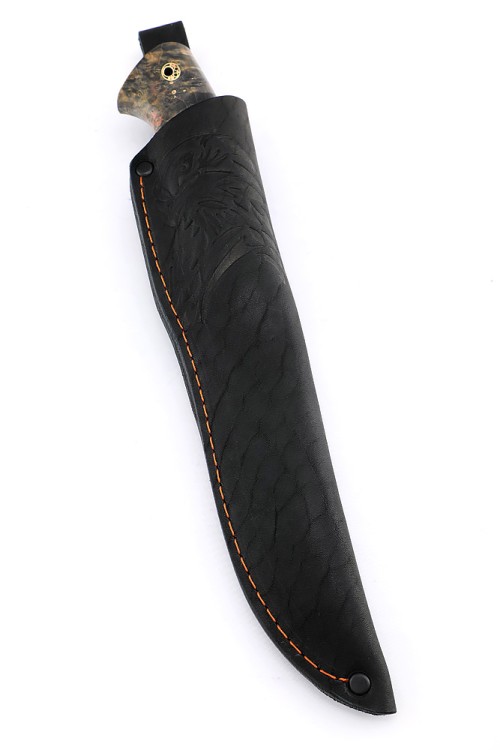 Нож Берсерк дамаск-долы рукоять вставка зуб мамонта кап клена красно-черный 