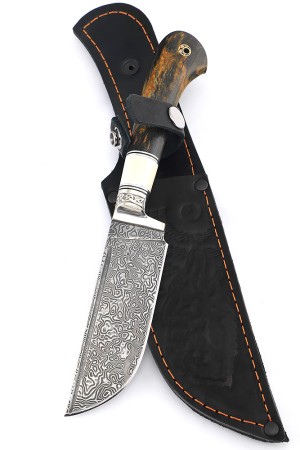 Нож Узбекский малый сталь дамаск нержавеющий рукоять мельхиор, кость, кап клена коричневый