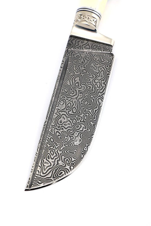 Нож Узбекский малый сталь дамаск нержавеющий рукоять мельхиор, кость, кап клена коричневый 