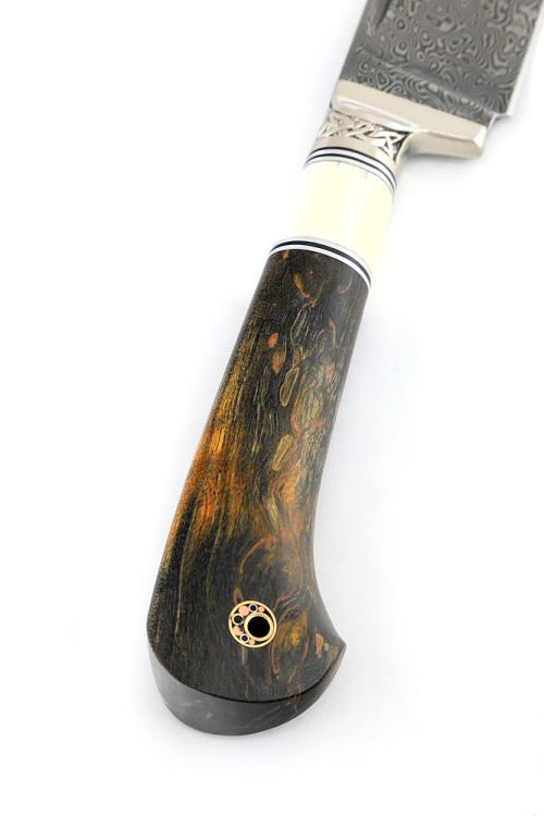 Нож Узбекский малый сталь дамаск нержавеющий рукоять мельхиор, кость, кап клена коричневый 