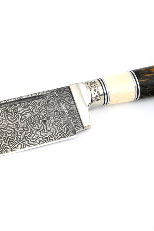 Нож Узбекский малый сталь дамаск нержавеющий рукоять мельхиор, кость, кап клена коричневый 