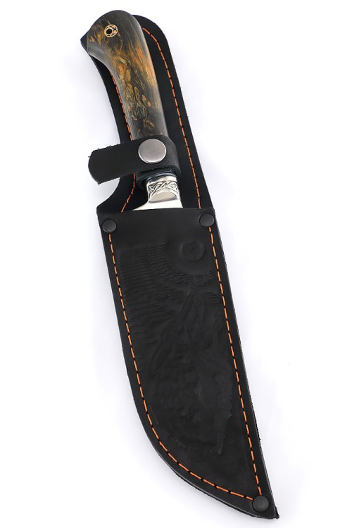 Нож Узбекский малый сталь дамаск нержавеющий рукоять мельхиор, кость, кап клена коричневый 