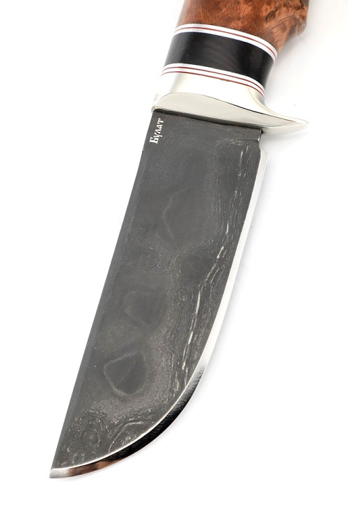 Нож Секач стал булат рукоять мельхиор, вставка черный граб, карельская береза коричневая 