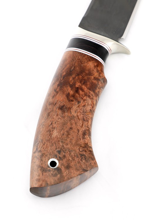 Нож Секач стал булат рукоять мельхиор, вставка черный граб, карельская береза коричневая 
