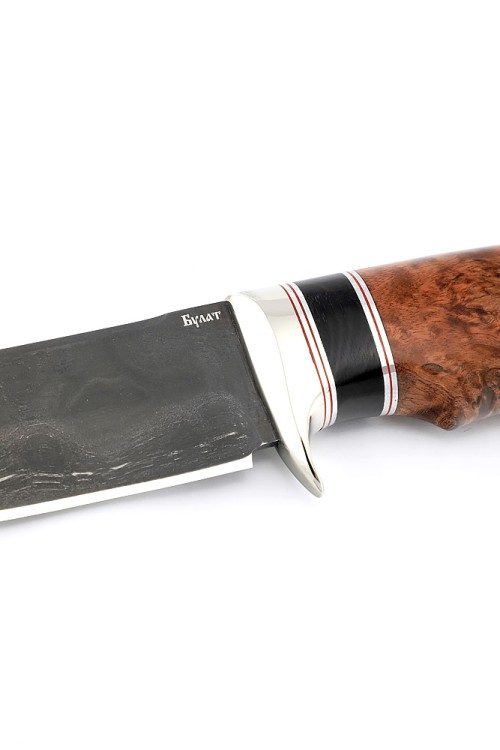 Нож Секач стал булат рукоять мельхиор, вставка черный граб, карельская береза коричневая 