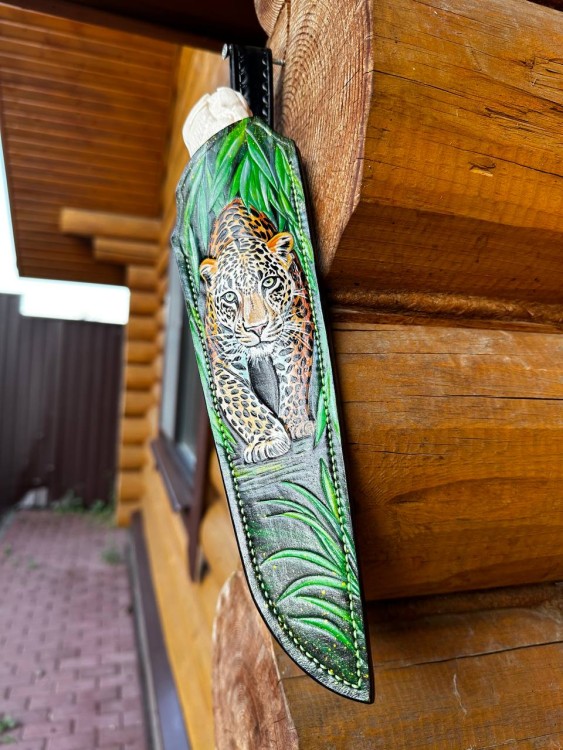 Нож Разделочный сложный мозаичный дамаск "пляшущие человечки" элфорин ручная резьба (формованные ножны) 