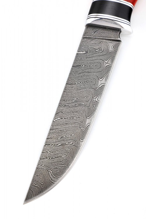 Нож Путник дамасская сталь рукоять стабилизированная карельская береза красная 