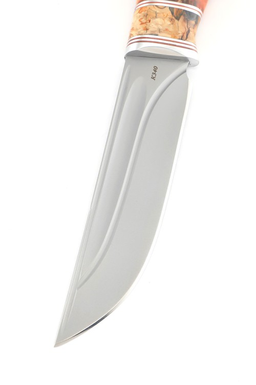 Нож Берсерк К340-долы рукоять вставка зуб мамонта кап клена красный 