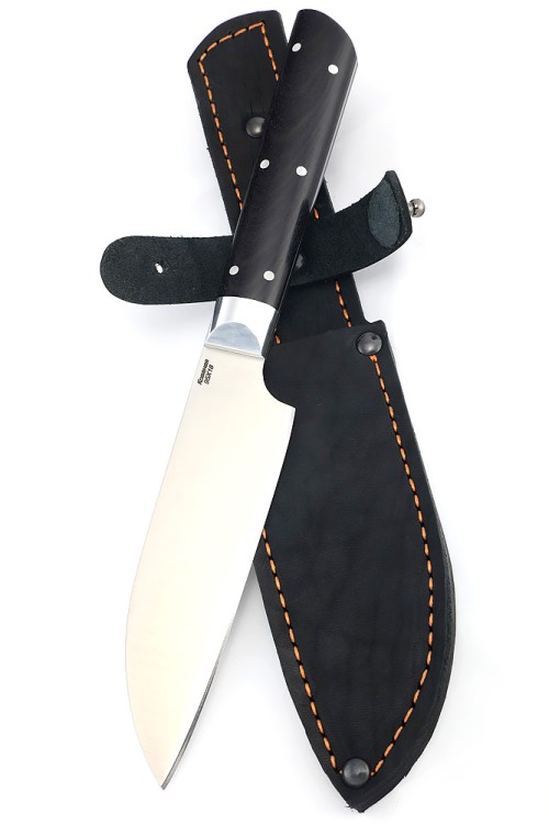 Кухонный нож Сантоку малый кованая сталь 95x18 рукоять черный граб цельнометаллический 