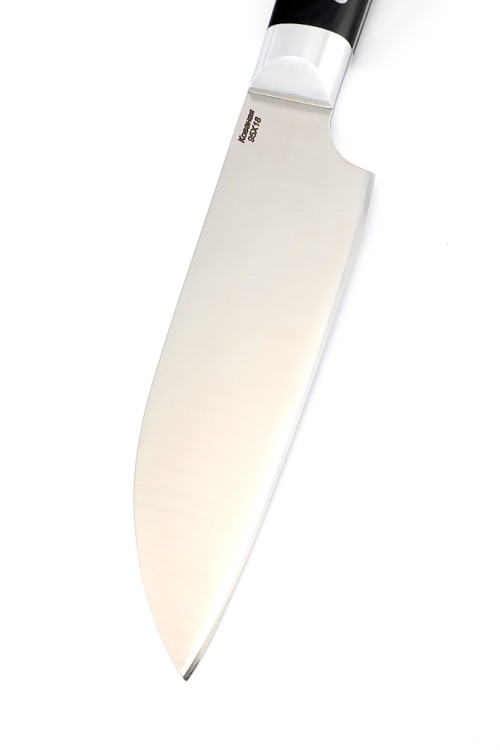 Кухонный нож Сантоку малый кованая сталь 95x18 рукоять черный граб цельнометаллический 