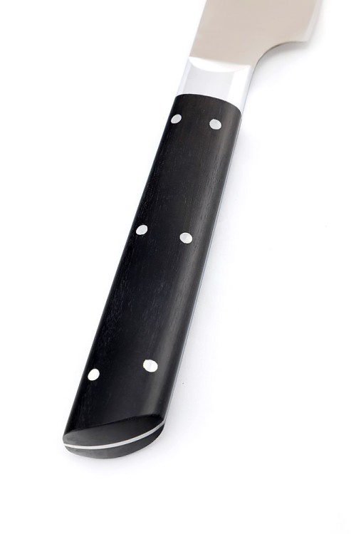 Кухонный нож Сантоку малый кованая сталь 95x18 рукоять черный граб цельнометаллический 