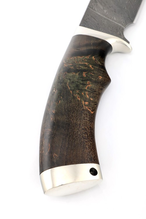 Нож Шкурник сталь дамаск рукоять мельхиор карельская береза коричневая 