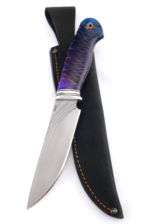Нож Кабан сталь К340 фигурные долы рукоять шишка в акриле синяя