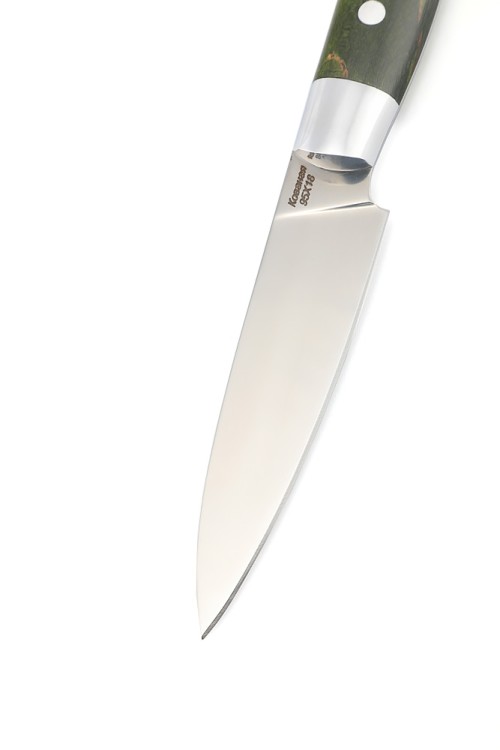 Нож Шеф-повар овощной малый сталь кованая 95Х18 рукоять карельская береза зеленая цельнометаллический 