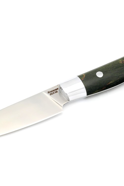 Нож Шеф-повар овощной малый сталь кованая 95Х18 рукоять карельская береза зеленая цельнометаллический 