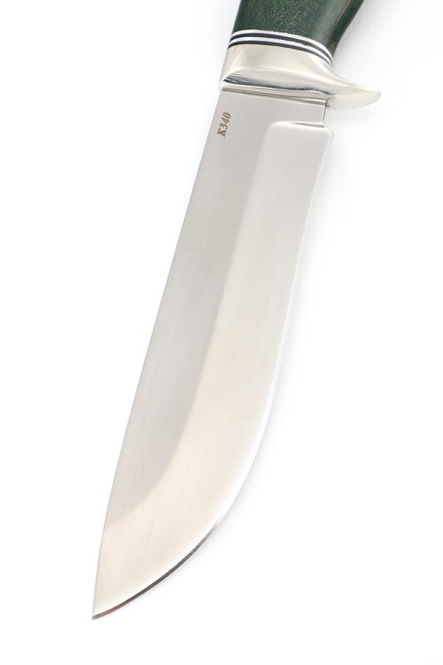 Нож Вятич сталь К340 рукоять мельхиор, карельская береза зеленая 