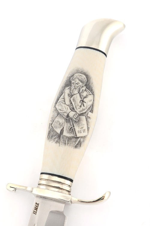 Нож экслюзивный финка НКВД Elmax (скримшоу) ножны из кожи растительного дубления 