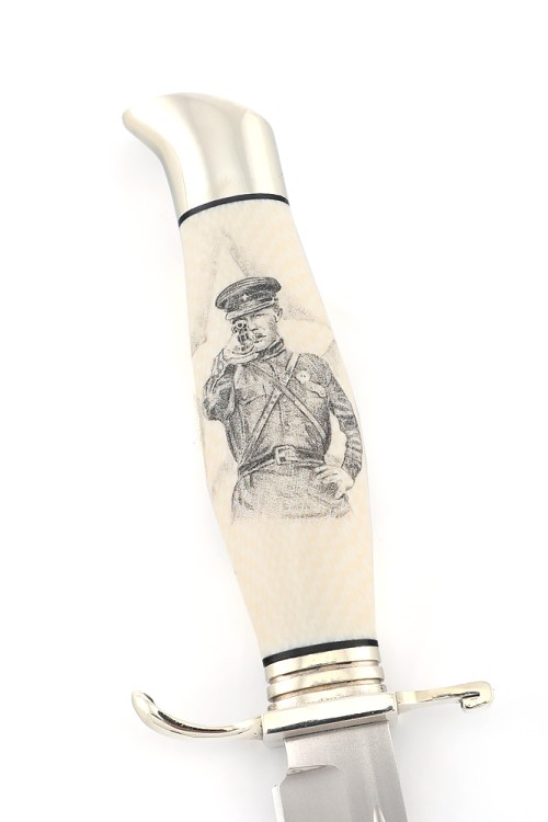 Нож экслюзивный финка НКВД Elmax (скримшоу) ножны из кожи растительного дубления 