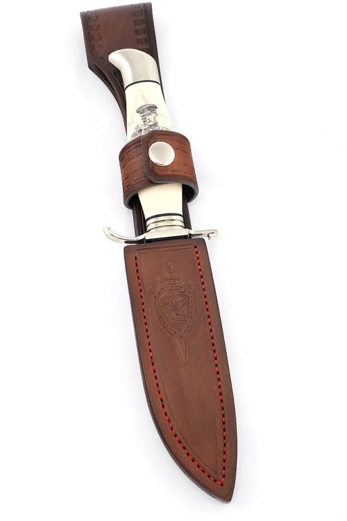 Нож экслюзивный финка НКВД Elmax (скримшоу) ножны из кожи растительного дубления 