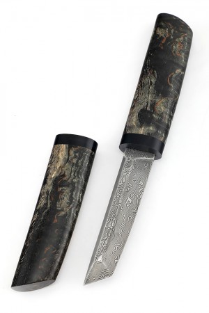 Нож Танто сталь дамаск нержавеющий рукоять стабилизированная карельская береза деревянные ножны