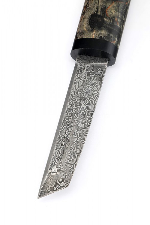 Нож Танто сталь дамаск нержавеющий рукоять стабилизированная карельская береза деревянные ножны 