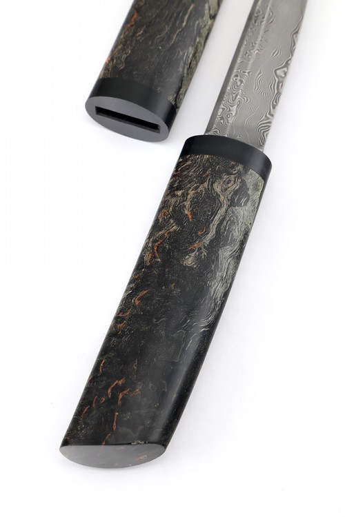 Нож Танто сталь дамаск нержавеющий рукоять стабилизированная карельская береза деревянные ножны 