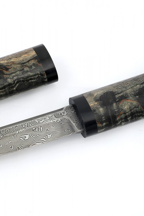 Нож Танто сталь дамаск нержавеющий рукоять стабилизированная карельская береза деревянные ножны 