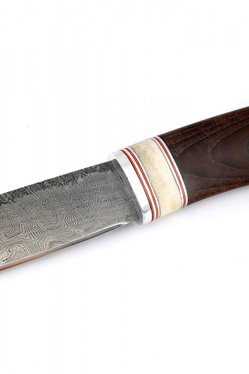 Нож Северный №5 дамаск кованый дол рукоять вставка рог лося термоциклированный ясень 