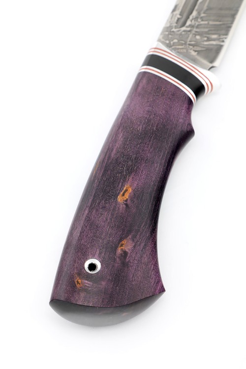 Нож Охотничий сталь D2 рукоять вставка черный граб, карельская береза фиолетовая 