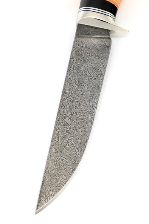 Нож Каюр сталь дамаск рукоять мельхиор, береста 