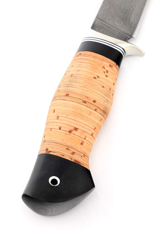 Нож Каюр сталь дамаск рукоять мельхиор, береста 