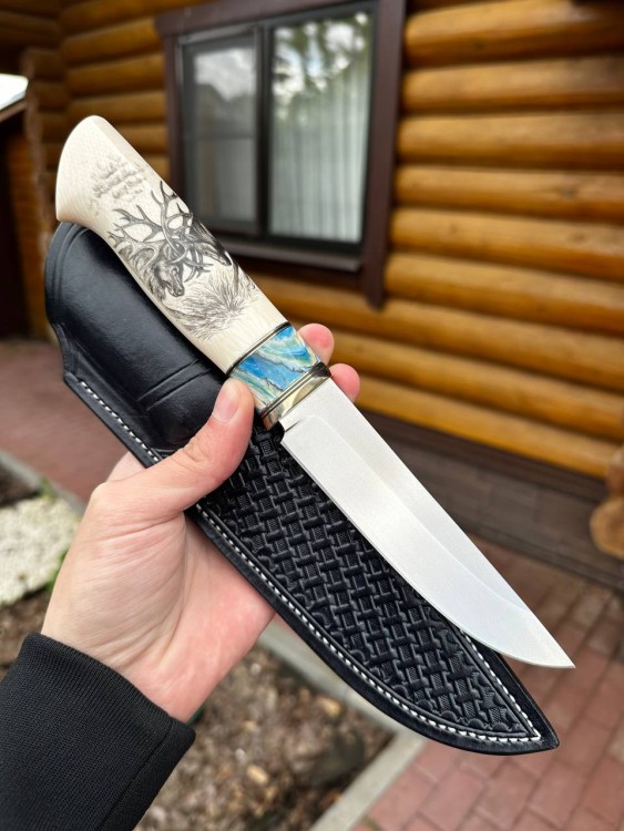 Нож Стрела Elmax стабилизированный зуб мамонта элфорин (скримшоу) формованные ножны 