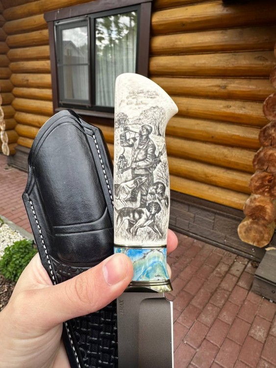 Нож Стрела Elmax стабилизированный зуб мамонта элфорин (скримшоу) формованные ножны 