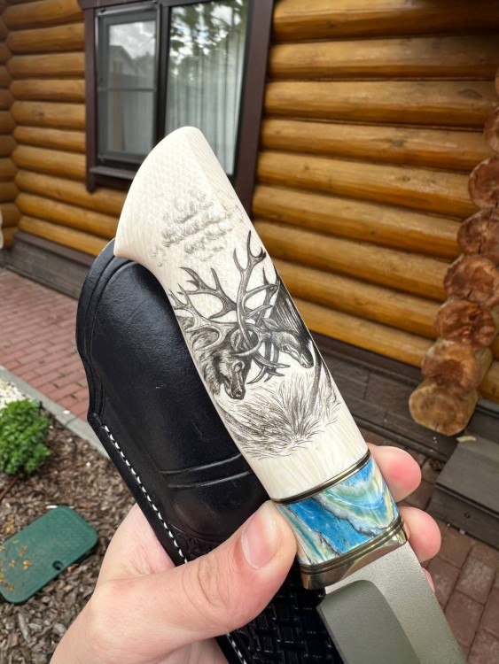 Нож Стрела Elmax стабилизированный зуб мамонта элфорин (скримшоу) формованные ножны 