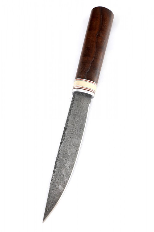 Нож Северный №4 сталь дамаск кованый дол рукоять вставка рог лося термоциклированный ясень 