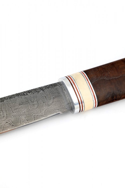 Нож Северный №4 сталь дамаск кованый дол рукоять вставка рог лося термоциклированный ясень 