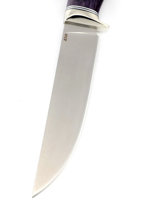 Нож Каюр сталь К340 рукоять мельхиор, карельская береза фиолетовая 