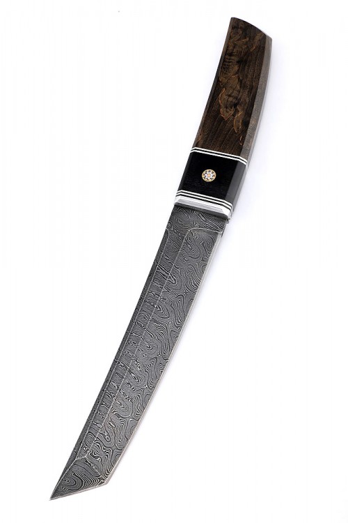 Нож Танто малый дамаск карельская береза коричневая 