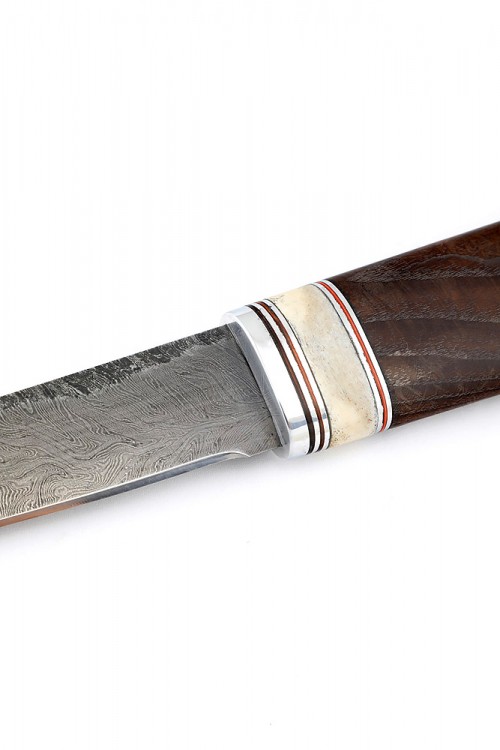 Нож Северный №3 сталь дамаск кованый дол рукоять вставка рог лося термоциклированный ясень 