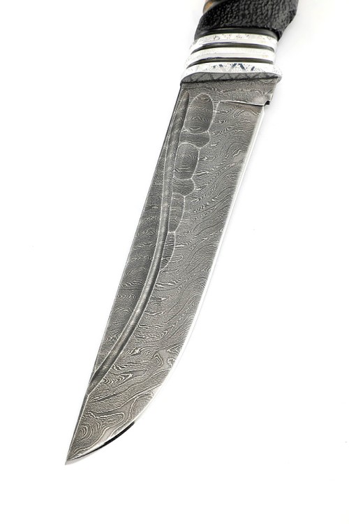 Нож Гризли сталь дамаск, фигурные долы, черный граб кап клена коричневый 