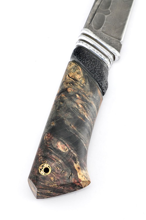 Нож Гризли сталь дамаск, фигурные долы, черный граб кап клена коричневый 