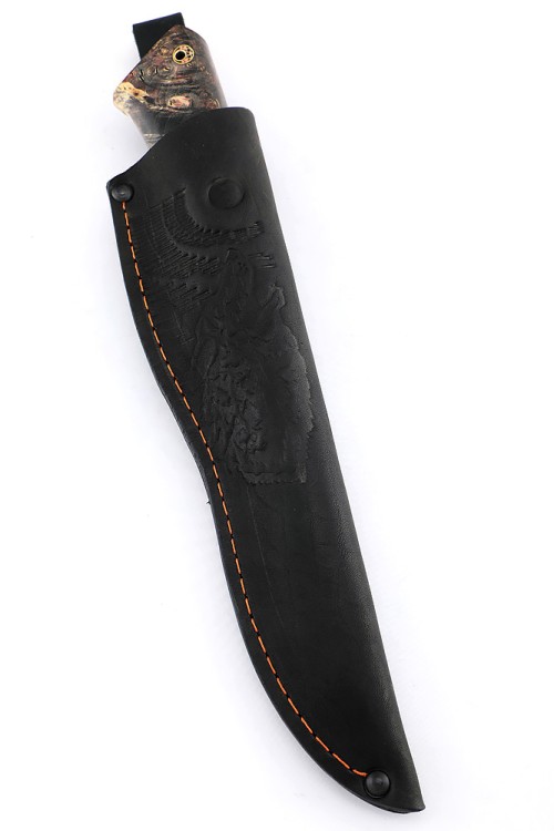 Нож Гризли сталь дамаск, фигурные долы, черный граб кап клена коричневый 