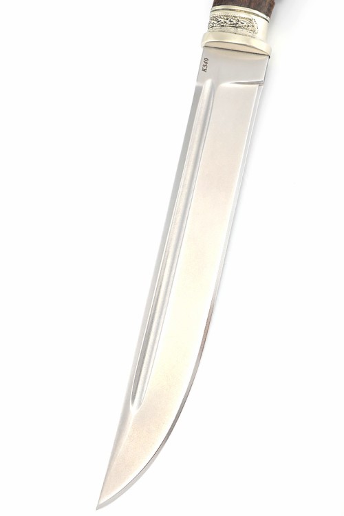 Нож Пластун (казачий пластунский нож) сталь К340, рукоять мельхиор, карельская береза коричневая 